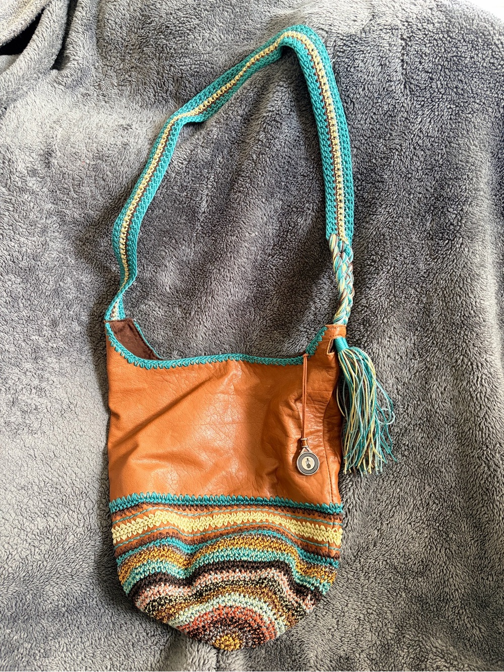 The Sak Turquoise & Tan Crochet Leather Crossbody Bag